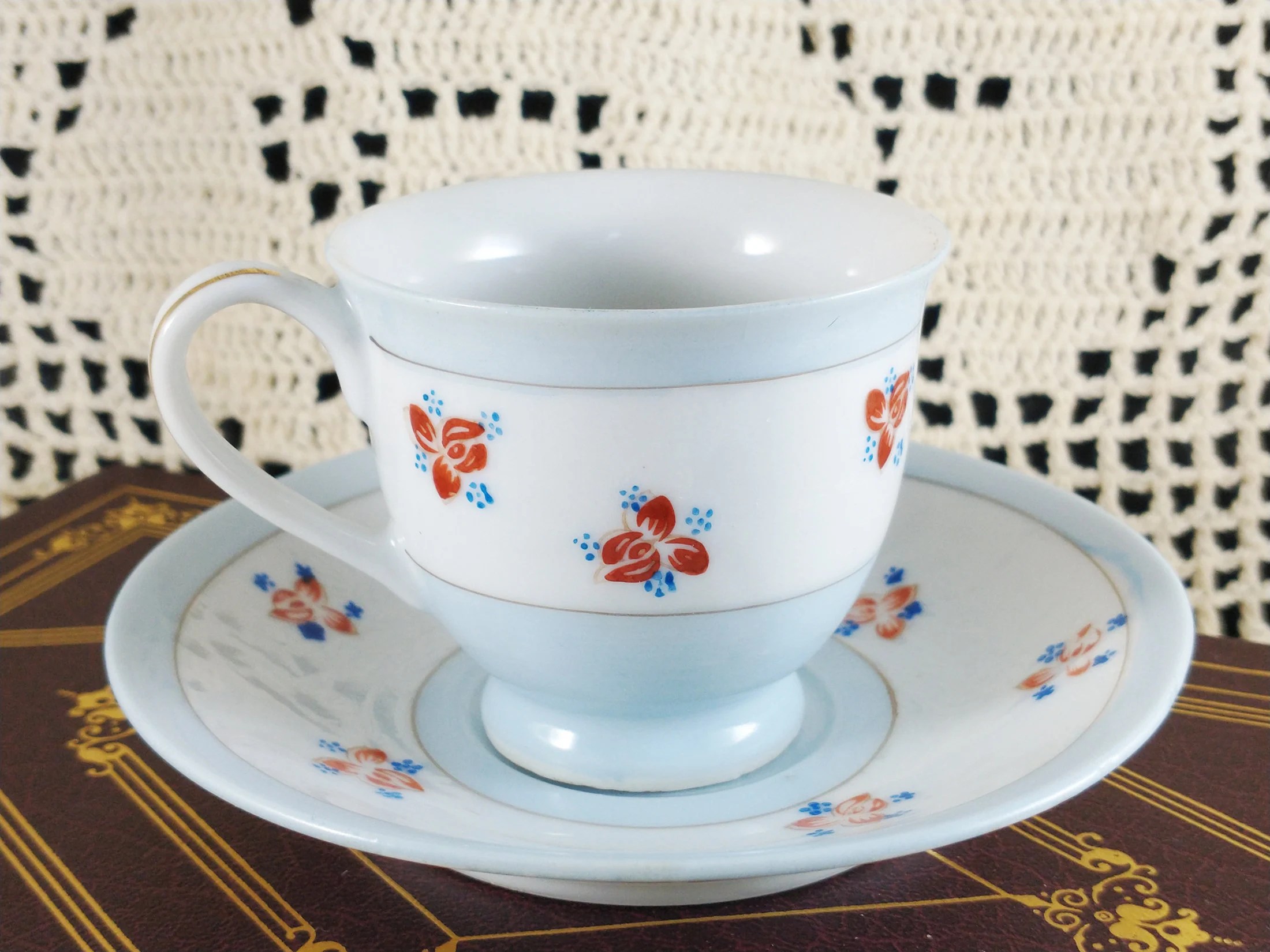 Occupied Japan 1947-1951 Hand Painted Light Blue, Red, White Floral Porcelain Demitasse Tea Cup & Saucer Set - Country, Cottage, Farmhouse