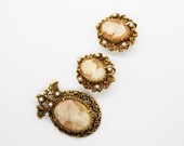 Florenza Signed Shell Cameo Jewelry Set - Brooch & Earrings – Vintage Wedding Mid Century Edwardian Victorian Style - USA Free Shipping