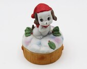 PWF Taiwan Ceramic Bisque Christmas Puppy Dog Trinket Dish with Lid - Vintage, Cottage, Retro, Christmas, Holiday, Animal Lovers, Xmas Decor