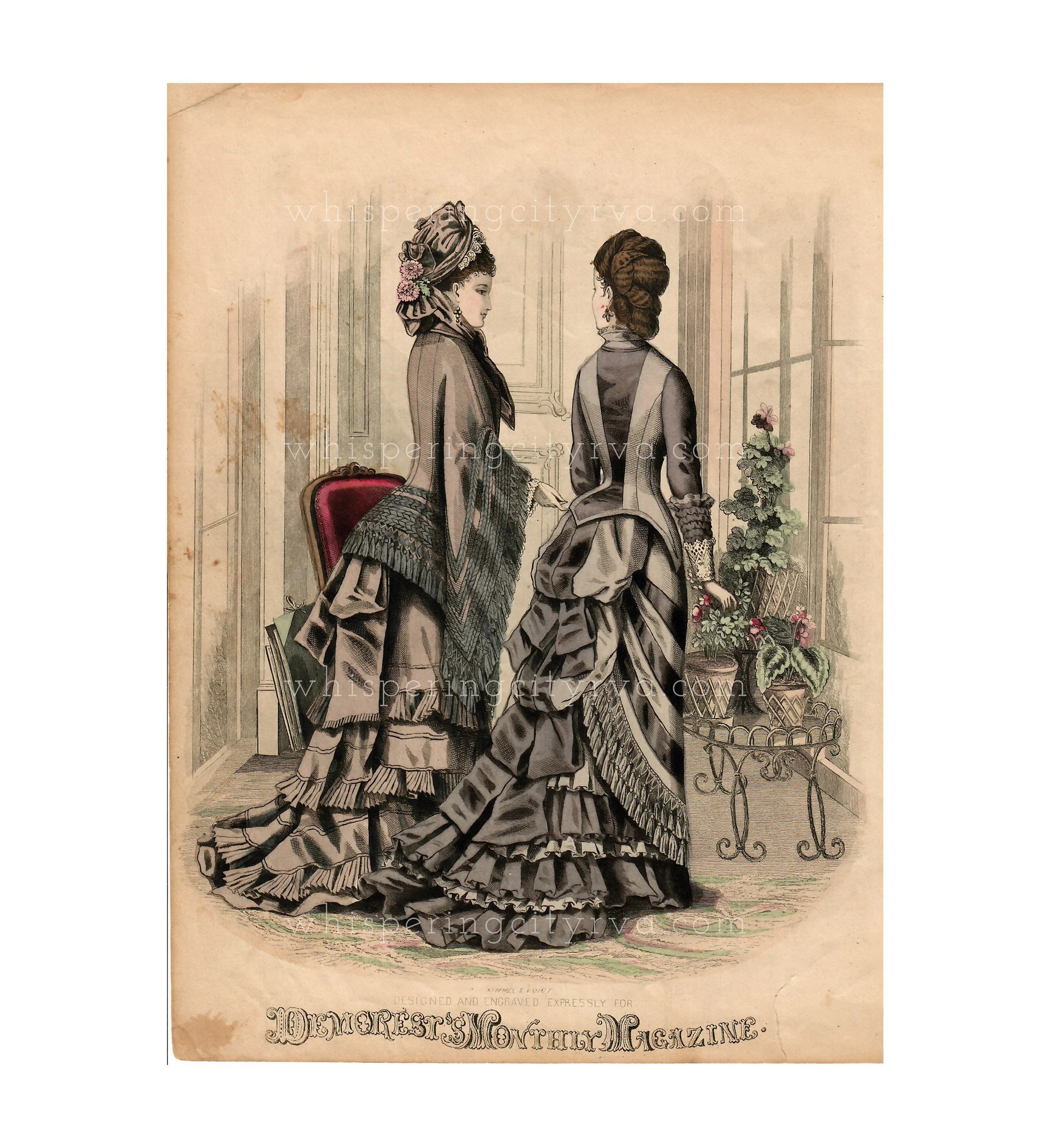 1870s Antique - Demorest's Monthly Magazine French Fashion Print - Hand Colored Engraving at Whispering City RVA