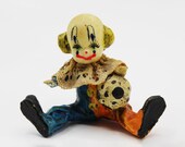 Handmade Colorful Paper Mache Sitting Clown w/ Ball Figurine Mexico - Vintage, Cottage, Collectibles, Mexican Folk Art, Not Scary
