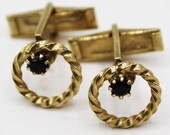 Circular Rope Design Openwork Black Crystal Gold Tone Cufflinks - Vintage, Mid Century, Classic, Retro, Wedding, Gift for Him, Cuff Links