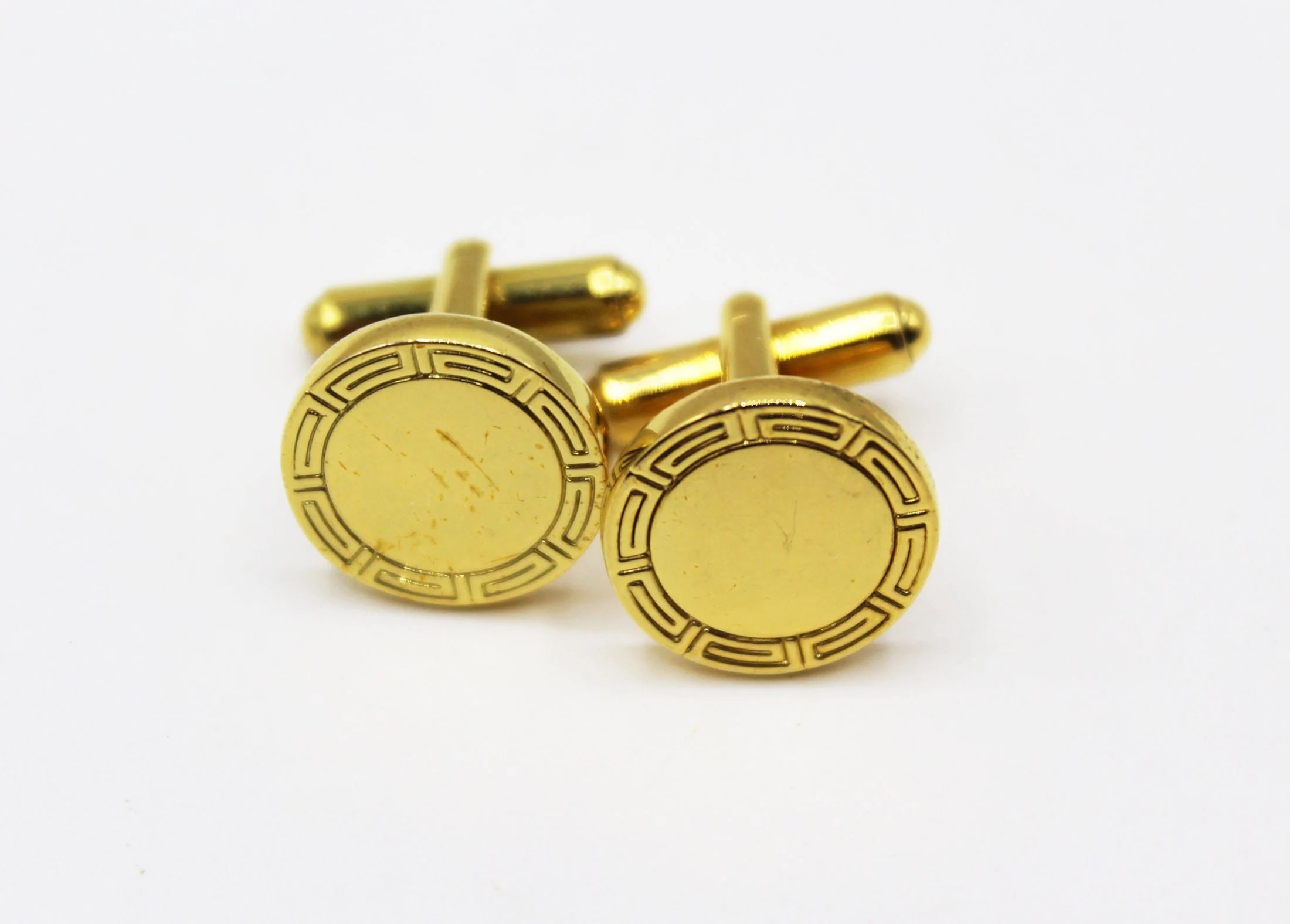 Shiny Gold Tone Chinese Boarder Mens Cufflinks - Vintage, MCM, Mid Century, Retro, Asian, Classic, Business, Office, Cuff Links