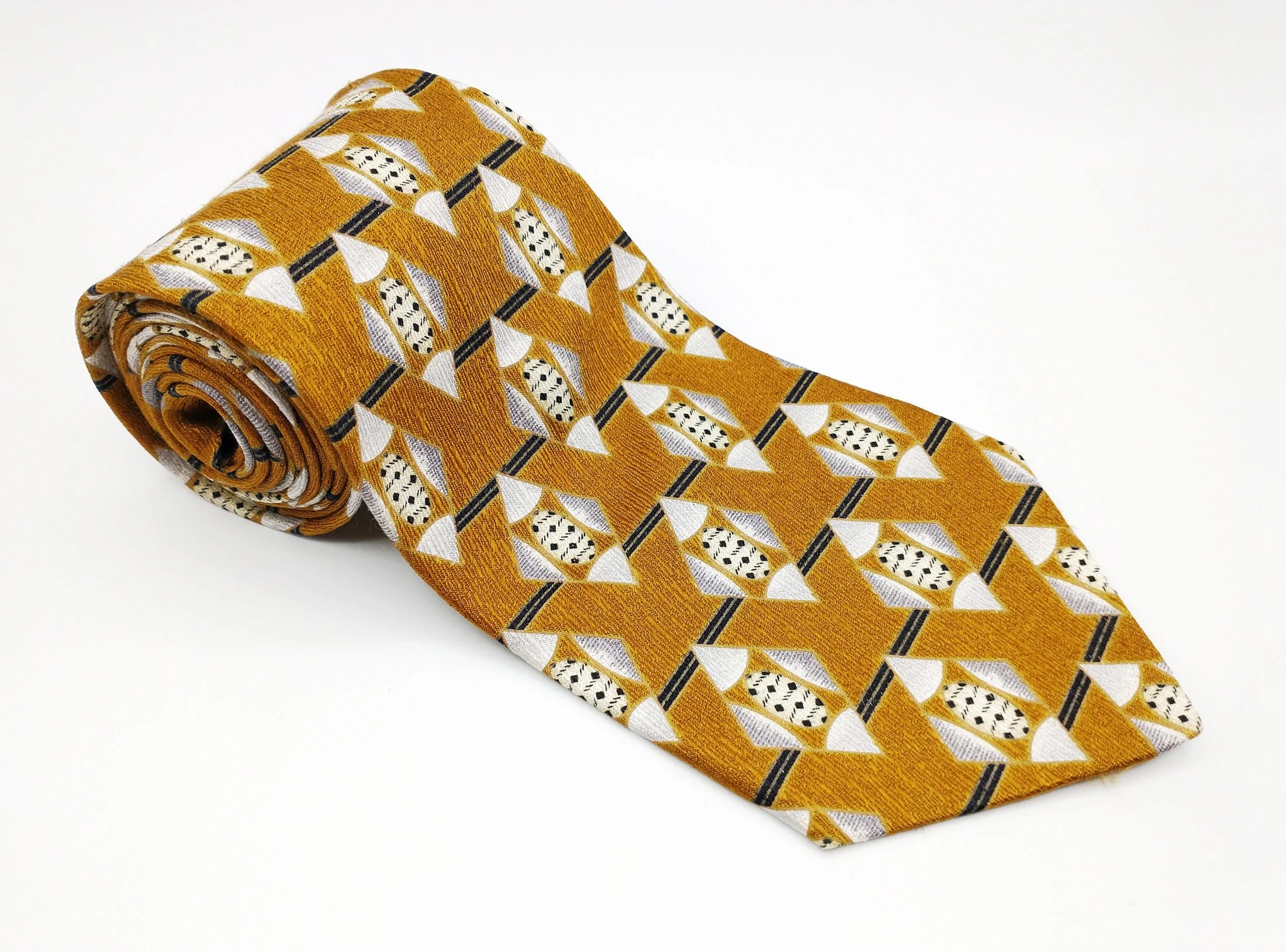 Passtime by Arrow Traditional Italian Silk Mens Necktie Tie - 59" L x 3 7/8" W - Vintage, Retro, 80s does 40s, Geometric, Classic, Gold, MCM