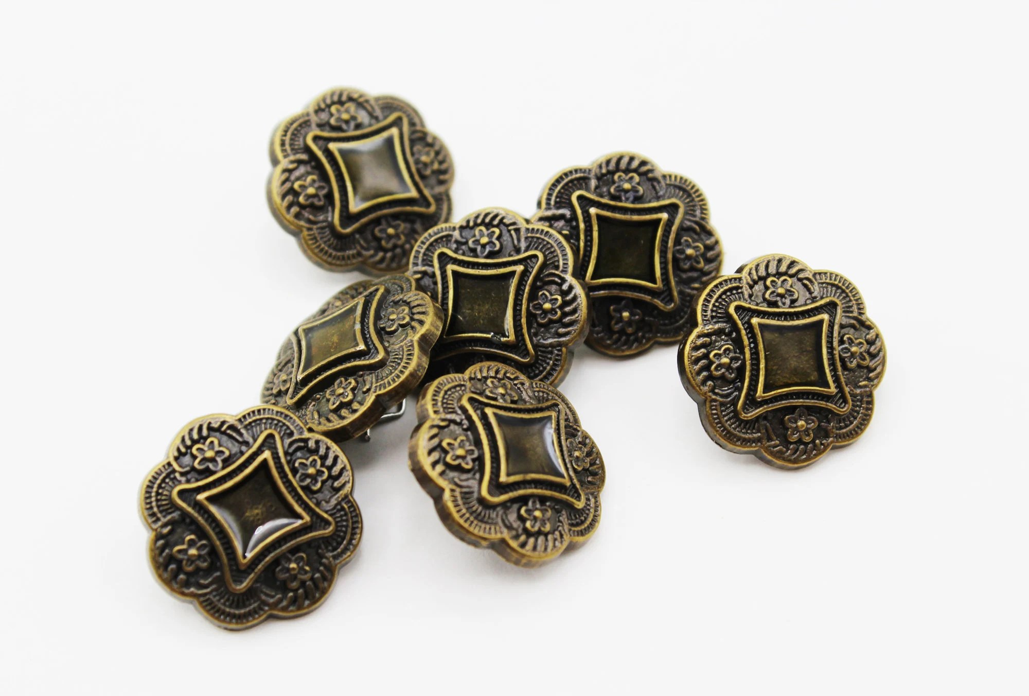 Fancy Bronze Colored Plastic Floral  3/4" (19mm) Round Shank Buttons - Set of 7 - Victorian / Edwardian Revival, Vintage
