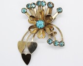 Mid Century Atomic Shooting Hearts Blue Rhinestone Flower Brooch - Vintage, Retro, MCM, Atomic, Pin Up, Art Deco, Floral, Costume Jewelry