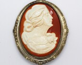 1890s Antique Celluloid Cameo Brooch in Raised Design Frame - Vintage, Gilded Age, Mauve Decade, 19th Century Late Victorian Costume Jewelry