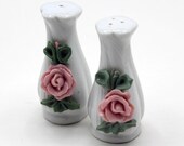 Porcelain Ceramic Applied Flowers Salt and Pepper Shakers - Made in China  - 1980s, Vintage, Dainty, Grandma, Old Fashioned, Traditional