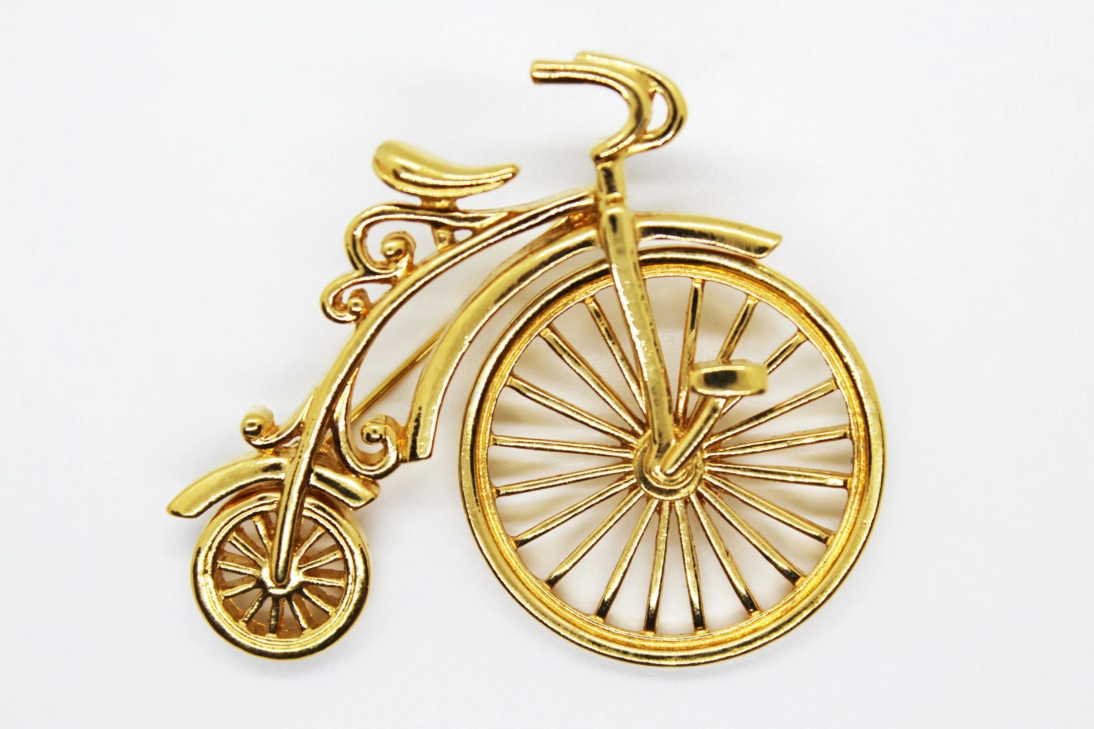 Gold Tone Articulated Penny Farthing Bicycle Brooch - Vintage, Retro, 1990s, Indie, Gilded Age, Victorian, Academia, Unisex Costume Jewelry