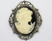 1960s Black & White Cameo Brooch in Silver Tone Frame - Vintage, Retro, Victorian Revival, Mid Century, Art Nouveau, Costume Jewelry