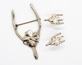 Sterling Silver Wishbone and Shamrock Jewelry Set - Brooch & Earrings – Vintage Fine Lucky MCM Retro Holiday Clover - USA Free Shipping