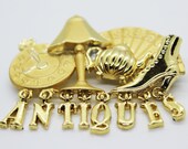 AJC Signed "Antiques" Gold Tone Chunky Collector's Charm Brooch - Vintage, Retro, 1980s, 1990s, Grandma, Indie, Hobby Costume Jewelry