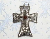 925 Sterling Silver Victorian-Style Mourning Cross with Amber Stone - Vintage Jewelry at Whispering City RVA