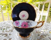 Royal Stafford Bone China Pattern 1828 Black Tea Cup & Saucer Set - Pink Flowers, Floral, England, Country, Cottage, Farmhouse, Gold Trim