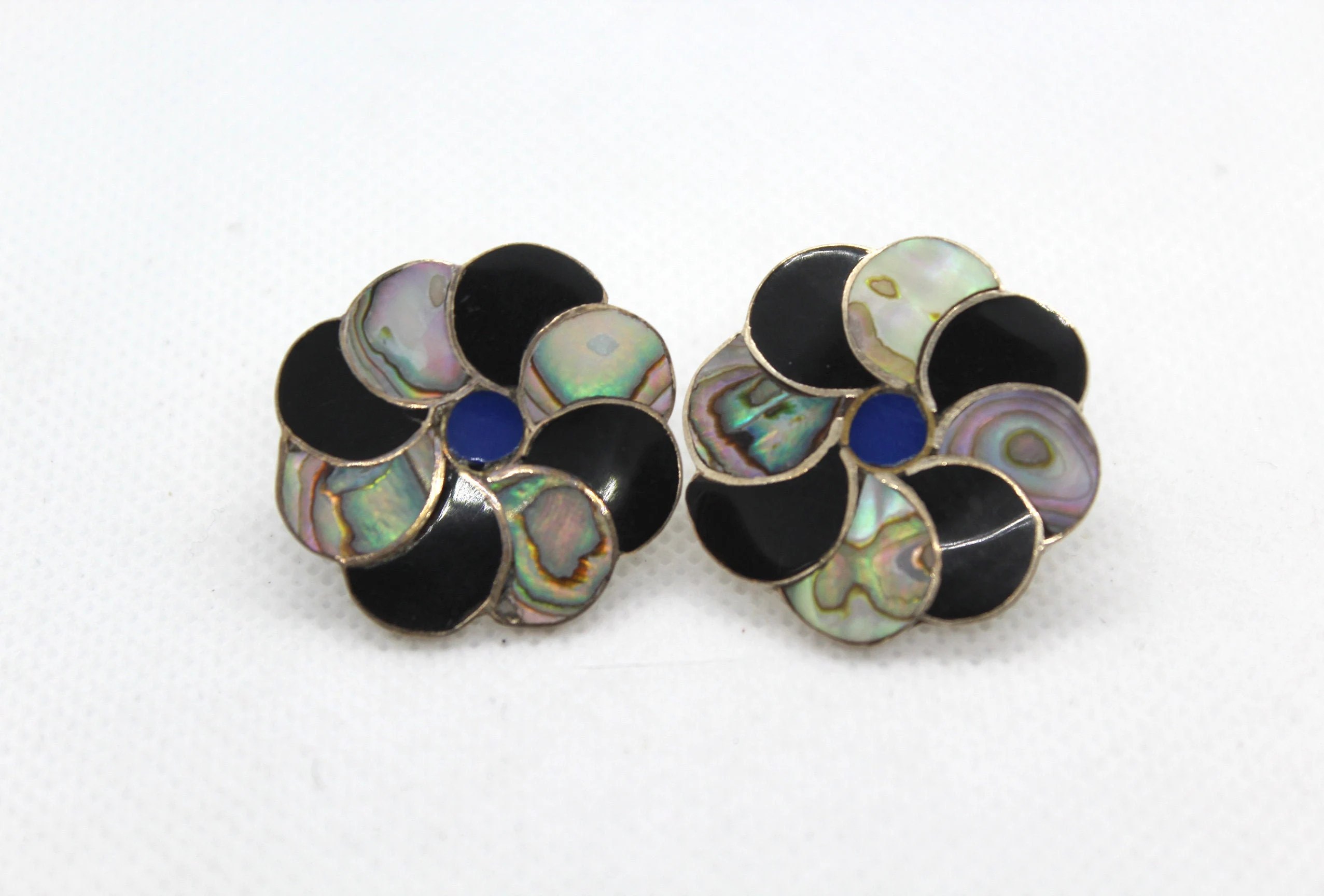 Taxco Signed 925 Sterling Silver Jet & Abalone Shell Pinwheel Earrings - Vintage Fine Jewelry at Whispering City RVA - USA Free Shipping