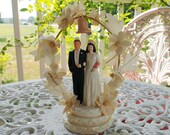 1940s Ceramic Floral Bride and Groom Figural Wedding Cake Topper - Vintage, MCM, Mid Century, Kitschy, Decor, Centerpiece, Retro