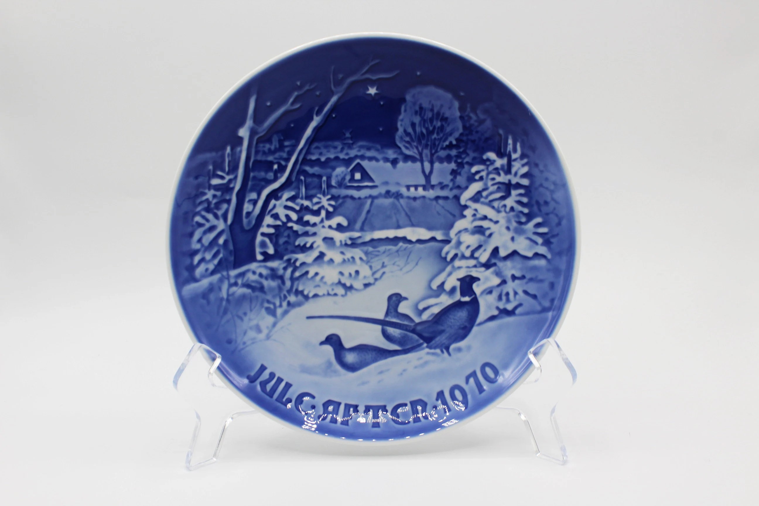 1970 B&G – Bing and Grondahl – Pheasants in the Snow at Christmas – Blue and White Decorative Collectors Plate at Whispering City RVA