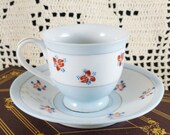 Occupied Japan 1947-1951 Hand Painted Light Blue, Red, White Floral Porcelain Demitasse Tea Cup & Saucer Set - Country, Cottage, Farmhouse
