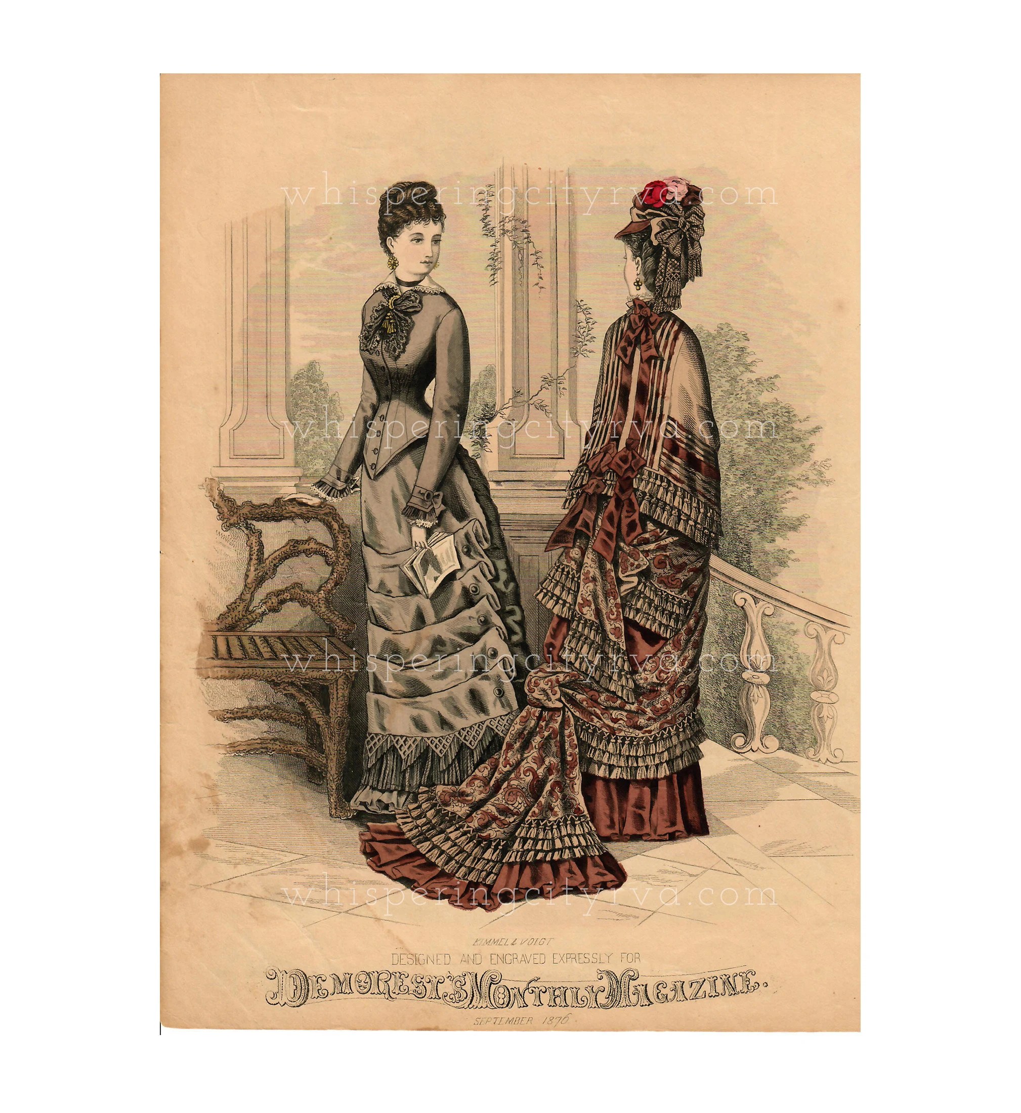 1876 Antique Demorest's Monthly Magazine September 1876  - Victorian French Fashion Plate Hand Colored Engraving