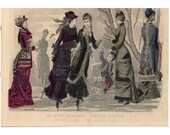 1880 Antique Peterson's Magazine Les Modes Parisiennes December - Illman Brothers The Skating Park - French Fashion Hand Colored Engraving