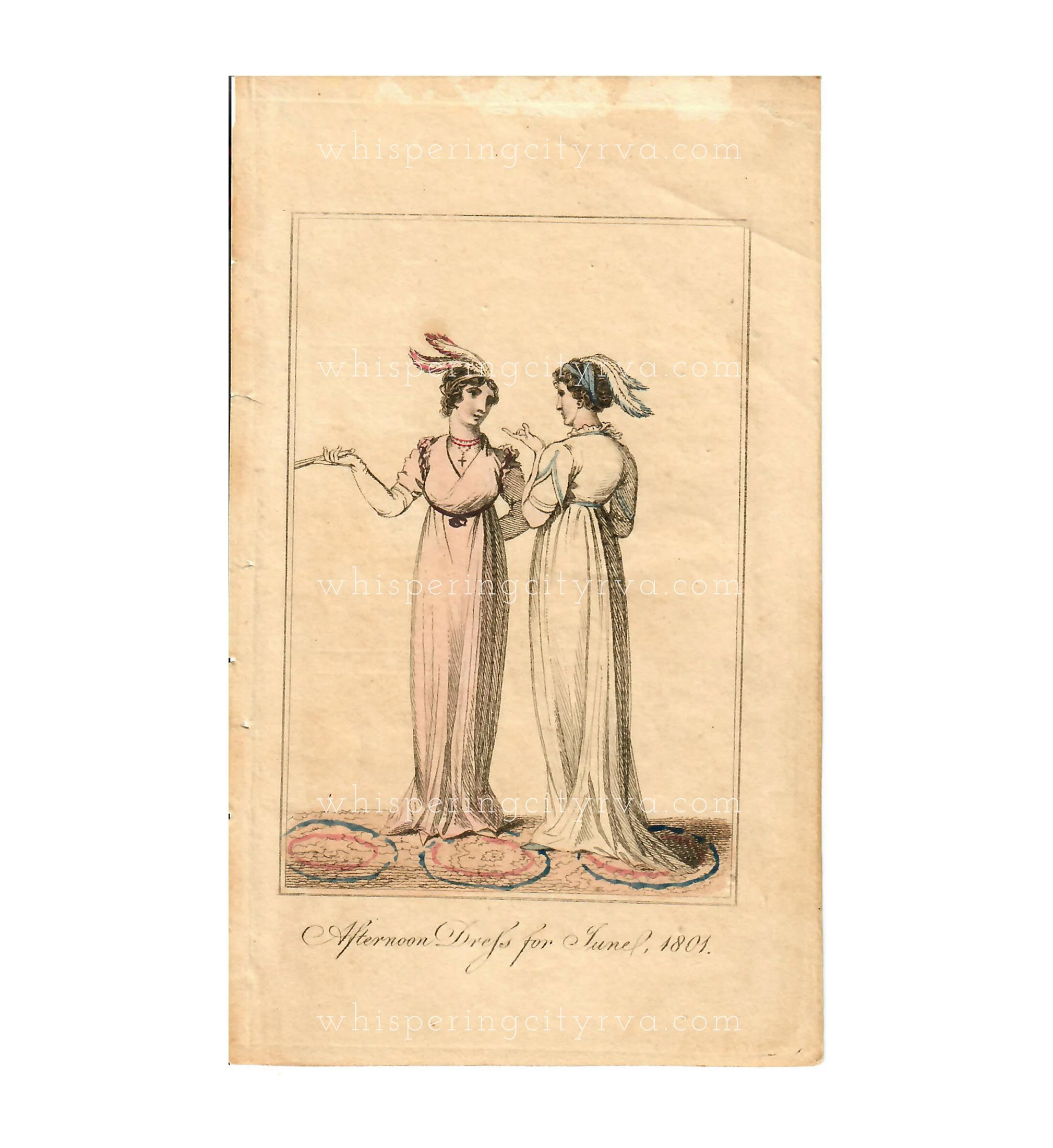 1801 Antique Afternoon Dress for June, 1801 - Lady’s Monthly Museum - Regency Fashion Plate Hand Colored Copper Plate Engraving