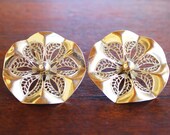 Gold Tone Openwork Filigree Clip-On Circular Flower Earrings – Vintage, Retro, Round, Elegant, Classic, Statement, Floral, Feminine