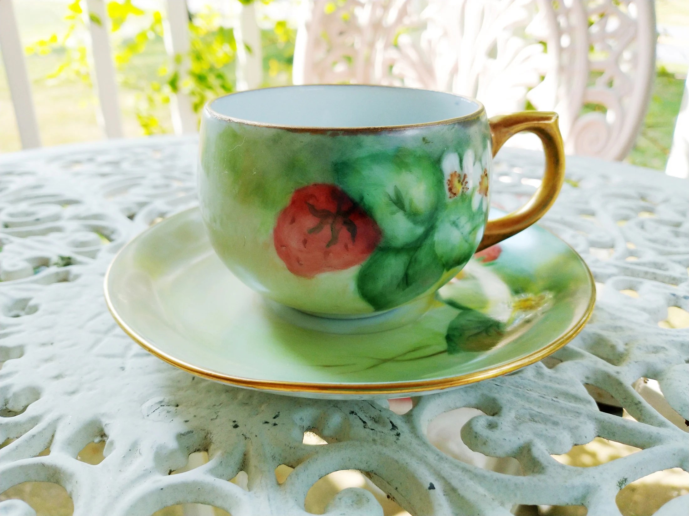 Hand Painted Strawberry Flower China Tea Cup & Saucer Set - Vintage, Farmhouse, Country, Cottage, Floral, Fruit, Strawberries, Porcelain