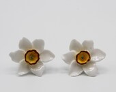 Denton Bone China Porcelain Narcissus Flower Screw Back Earrings - Vintage Jewelry at Whispering City RVA