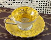 Lindner Kueps Bavaria Gold Gilt White and Yellow Floral Porcelain Ceramic Demitasse Tea Cup & Saucer Set - Farmhouse, Country, Cottage
