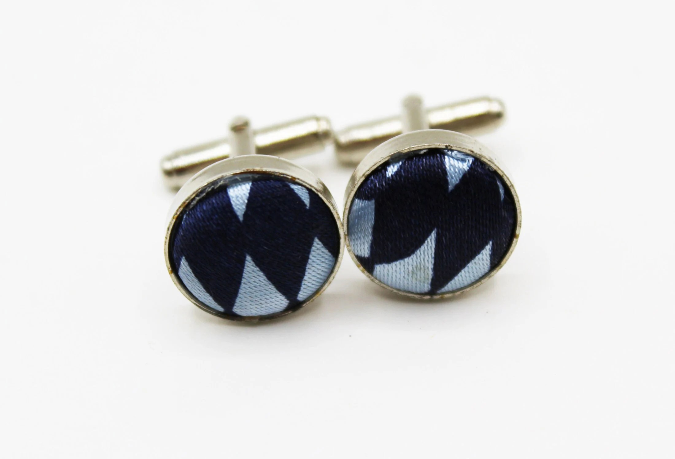 Vintage Handmade Two-Tone Blue Harlequin Fabric Covered Mens Cufflinks - Retro, Scholarly, Classic, Classroom, Museum, Library, Cuff Links